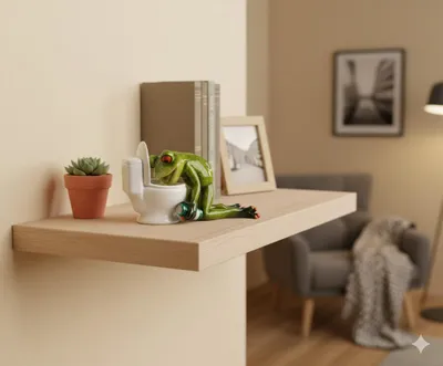 A decorative frog figurine is placed on a shelf next to a small potted plant and books.