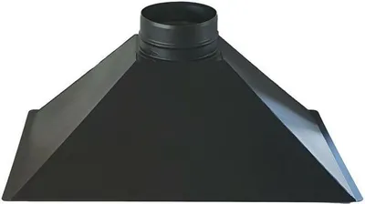 A black metal range hood canopy with a circular exhaust pipe on top, isolated on a white background.