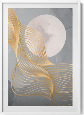 Produktbild von Abstrakte Illustration des Mondes mit Gold– Wandbild mit Rahmen – Gerahmtes Bild  – Wanddekoration – 70x100 cm –  Weiß Rahmen