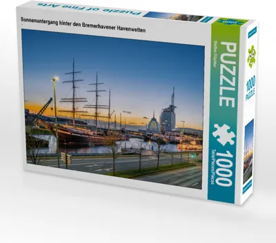 Produktbild von CALVENDO Puzzle Sonnenuntergang hinter den Bremerhavener Havenwelten | 1000 Teile Lege-Größe 64x48cm Foto-Puzzle für glückliche Stunden