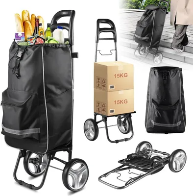 A collage of images showing different aspects and uses of a shopping trolley.