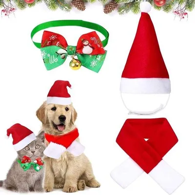 Produktbild von Weihnachtskostüm für Hunde – Weihnachtsmütze mit Fliege – Verstellbar – Weihnachtsoutfit für Haustiere – Geeignet für Katzen und Hunde – Größe S/M/L