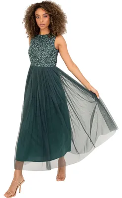 Produktbild von Maya Deluxe Vrouwen Midaxi Jurk Dames Mouwloze Pailletten Hoge Empire Taille Tul