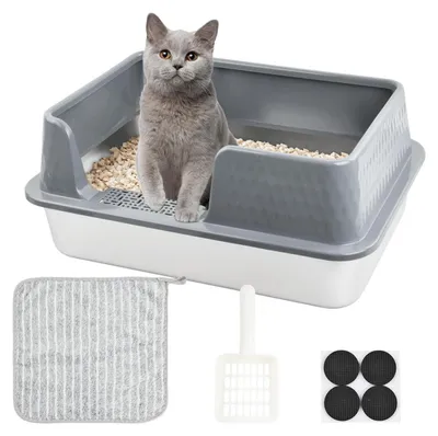 Immagine prodotto di Lettiera per gatti in acciaio inossidabile, grigia, dimensioni 50x35x20 cm, con recinto alto e paletta inclusa