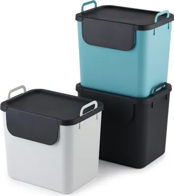 Three stackable trash bins with lids and handles, arranged diagonally.