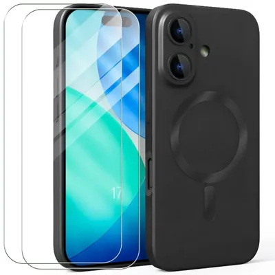 Image de Coque + 2 Verres Trempés pour iPhone 17, Protection Silicone Liquide Slim avec Cercle Magnétique Noir