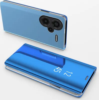 A blue smartphone with a clear view flip case is shown, with the phone and case displayed separately.