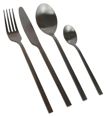 A set of four dark-colored cutlery items arranged diagonally on a white background.