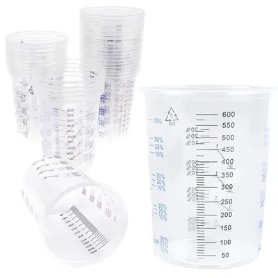 Zdjęcie produktu dla Pojemniki do mieszania, 50 sztuk, 600 ml, plastikowe, miarki do płynów, żywic, farb