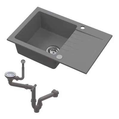 Produktbild von HOMEVELLO Spülbecken PIXANO Einbecken Granitspüle 68x44x20cm Grau, Hochwertige Küchenspüle mit Siphon, Abtropffläche, Pflegeleicht, Kratzfest, Moderne Design, Perfekt für jede Küche