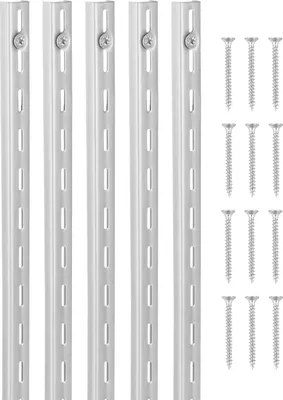 A set of metal shelf support pilasters and screws arranged on a white background.