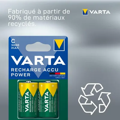 A package of VARTA rechargeable batteries with a recycling symbol and marketing text.