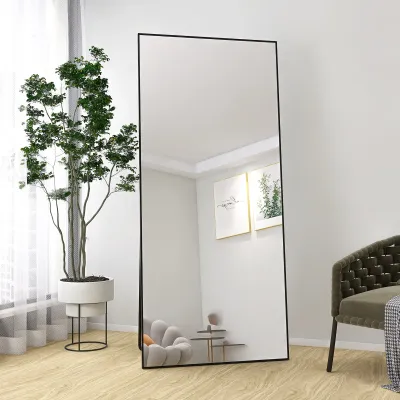 Obrázok produktu pre Celoplošné zrkadlo, 180x80 cm, stojace zrkadlo s čiernym kovovým rámom na opretie alebo zavesenie na stenu, veľké podlahové zrkadlo do obývačky, spálne a šatne