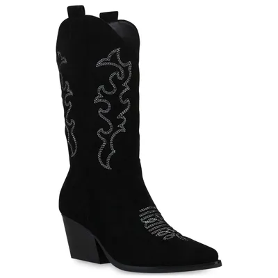 Produktbild von VAN HILL Damen Stiefel Cowboystiefel Stickereien Schuhe 839969, Farbe: Schwarz Velours, Größe: 38