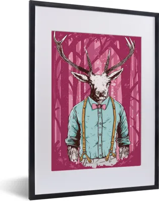 Produktbild von MuchoWow® MuchoWow® Gerahmtes Poster Jahrgang - Hirsch - Wald 30x40 cm - Poster mit zchwarzem Bilderrahmen - Wandposter Schlafzimmer