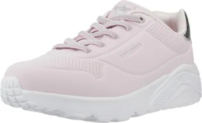 A single pink Skechers sneaker is shown from a side angle against a white background.