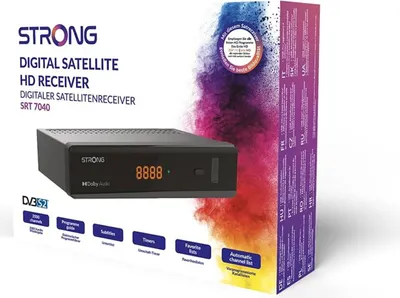 The image shows the packaging of a Strong SRT 7040 digital satellite HD receiver.