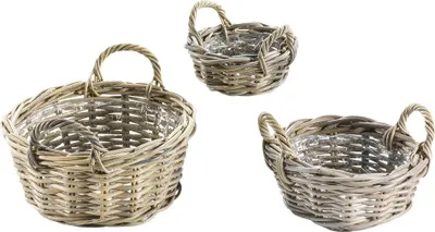 Produktbild von Kobolo Pflanzschalen  3-er Set Pflanzset Rattanübertopf Pflanzkorb aus Rattan in natürlichem Grau - Übertopf Rattankorb Rattanübertopf Pflanzkorb Korb