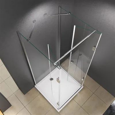 A modern glass shower enclosure with a white base, shown from a top-down angle.