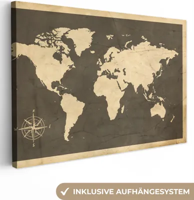 Produktbild von OneMillionCanvasses® - Leinwandbilder - 140x90 cm, Weltkarte - Holz - Vintage, Wandbilder Kunstdruck Wanddekoration