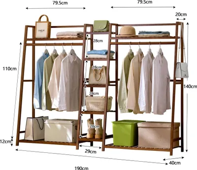 Image de WAOHO Porte-manteau en bambou, porte-manteau multifonctionnel 3 en 1, grand porte-vêtements, armoire avec 9 étagères et 2 barres de repassage