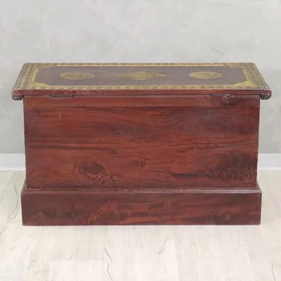 Produktbild von Schatztruhe Truhe mit Deckel Kiste Box Aufbewahrung Holztruhe mit Messing Indien Holz Massiv Antik 80cm