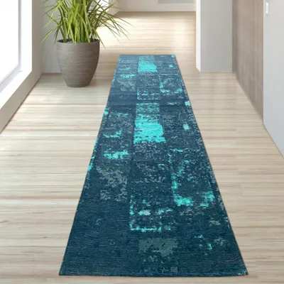 Image de Tapis de salon à motifs abstraits bleu, blanc et gris - Dimensions : 80 x 300 cm