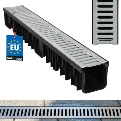 Produktbild von KOTARBAU® Entwässerungsrinne 1 m mit Verzinkt Stahl Abdeckrost Stahlrost System A15 EN1433 121mm Terrassenrinne Effektive Regenwasser-Abflussrinne für Terrassen