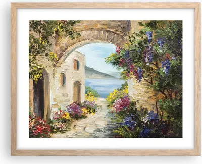 Produktbild von Gerahmtes Poster - Rahmen in heller Eiche - Haus Santorini Blumen - 50x40 cm - Wand Bild - Wanddeko - Wandbilder - Wandposter - Bilderrahmen - Bilder - Kunstdruck - Wandbild - P2NAA50x40-4191