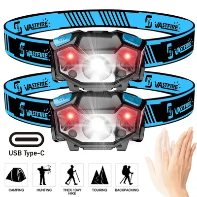Obrázek produktu pro LED čelovka - balení 2 kusů - senzor pohybu - regulace jasu - nabíjení přes USB-C - vodotěsná - vhodná pro kempování, turistiku a rybaření
