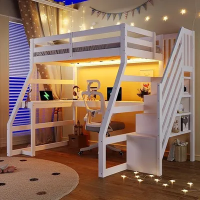 Zdjęcie produktu dla Duże, drewniane łóżko piętrowe o wymiarach 90x200 cm z biurkiem, oświetleniem LED, portem USB i schodami z miejscem do przechowywania, kolor biały