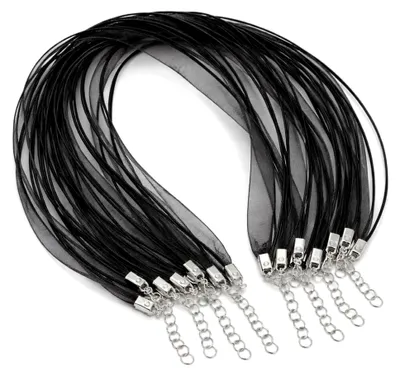 Produktbild von 10 Stück Organza Halskette Schwarz mit Wachsband 44cm Schmuckband mit Karabinerverschluss und Verlängerungskette für Anhänger