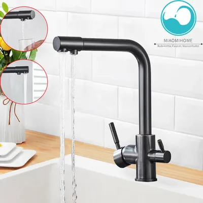 3-in-1 Küchenwasserhahn – 360° Drehbar, Mit Separatem Trinkwasseranschluss, Verchromt, 2 Hebel