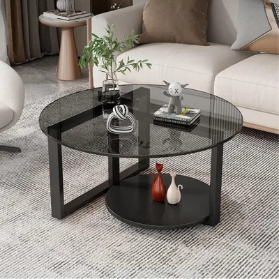 Produktbild von Couchtisch Runder Beistelltisch, Ø60x 45cm, 2 Ebenen mit Metallrahmen Glastisch für Wohnzimmer, Schlafzimmer