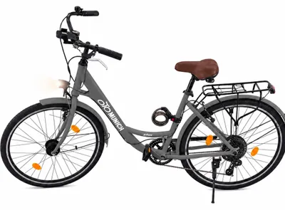 Produktbild von oToMUNICH Plus Boring Grey 28 Zoll Fahrrad, Shimano 7-Gang, City-Bike, Tiefeinsteiger mit Stahlrahmen, Nabendynamo 60 Lux LED Frontlicht, mit Tracker, Fahrradcomputer, Handyhalterung und Gepäckträger