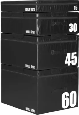 A stack of four black plyometric boxes of varying heights, with white numbers indicating their heights.