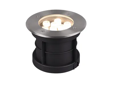 A round, recessed ground spotlight with a stainless steel rim and black housing, featuring multiple white LED lights.