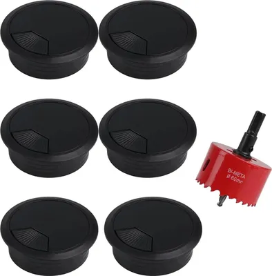 Produktbild von Lochsäge 60mm mit 6 Stück Kabeldurchführung Schreibtisch Kabeldurchführung Tisch, Lochbohrer Set Bohrkrone, Lochkreissäge, Kabeldurchlass Kabelauslassdose, mit 1 x Sechskant Adapter