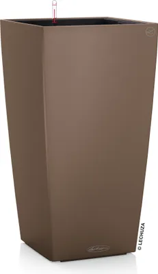 A tall, square-shaped planter with a matte brown finish.