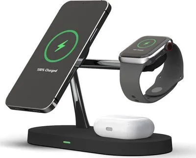 A black charging station with a phone, smartwatch, and earbuds case on it.