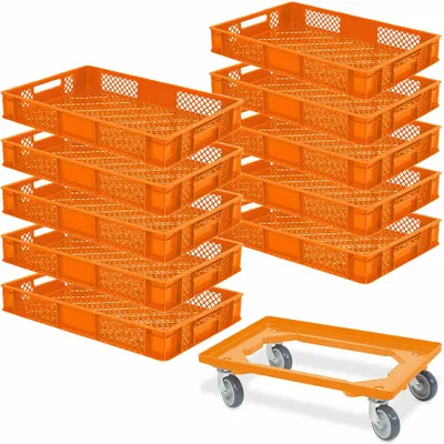A stack of orange plastic crates and a transport dolly on a white background.