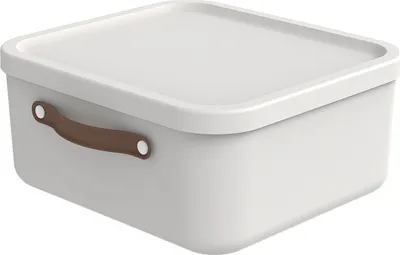 A white storage box with a brown handle is shown against a white background.