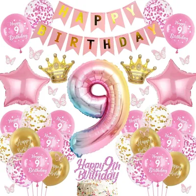 Productafbeelding van Ballon 9e verjaardag meisje roze - Happy Birthday banner