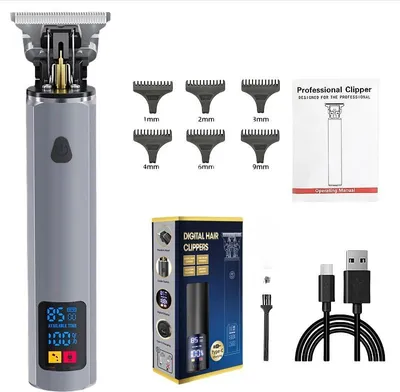 Produktbild von INF Professioneller Haarschneider für Herren: Aluminiumlegierung, LED-Anzeige, 9-teiliges Set Silber