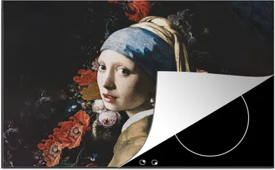 Produktbild von KitchenYeah© Herdabdeckplatte Das Mädchen mit dem Perlenohrring - Vermeer - Blumen , 81x52cm, Küche Deko, Glaskeramikkochfeld Herdabdeckung, Abdeckplatte fùr Kochfeld