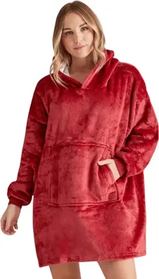 Produktbild von Kuschelige Hoodie Decke mit Ärmeln – Vielseitiger Deckenpullover für Damen und Herren, Einheitsgröße – Perfekt für Wintertage – HOODZIE Rot