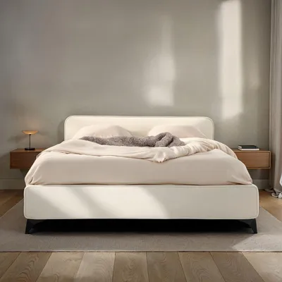 Produktbild von Polsterbett LAVORO Einzelbett 140x200, cremeweiß - Bett mit Lattenrost und Samtstoffbezug, Bettgestell mit gepolstertem Kopfteil, modernes Design, Robuster Holzrahmen & Metallbeine