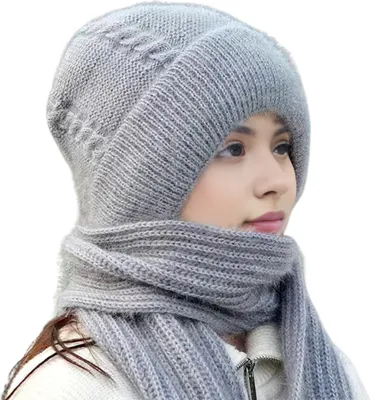 Produktbild von Wintermütze für Damen mit integriertem langem Schal, dick, warm, gestrickt, winddicht, hohe Elastizität, umfassender Schutz, Outdoor-Reisemütze bei kaltem Wetter
