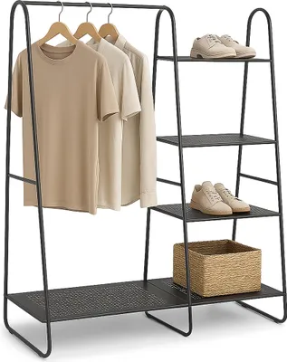 Produktbild von Relaxdays Kleiderständer Metall, 5 Ablagen, Kleiderstange Flur, HxBxT: 150x100x39 cm, Garderobenständer offen, schwarz