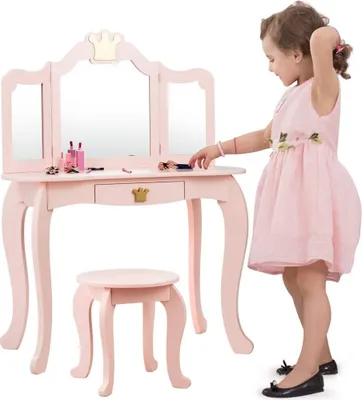 Produktbild von GOPLUS Schminktisch mit dreifach klappbaren Spiegel und Hocker, Frisiertisch aus Holz, Schublade und abnehmbarem Spiegelaufsatz (Rosa)